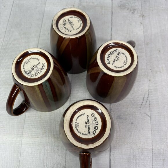 Sango AVANTI BROWN 4722 Stripes On Sand Stoneware 12oz Coffee Cups Mugs Set of 4 - Picture 8 of 15